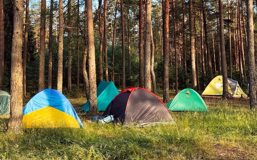 blue yellow and red dome tent in forest during daytime